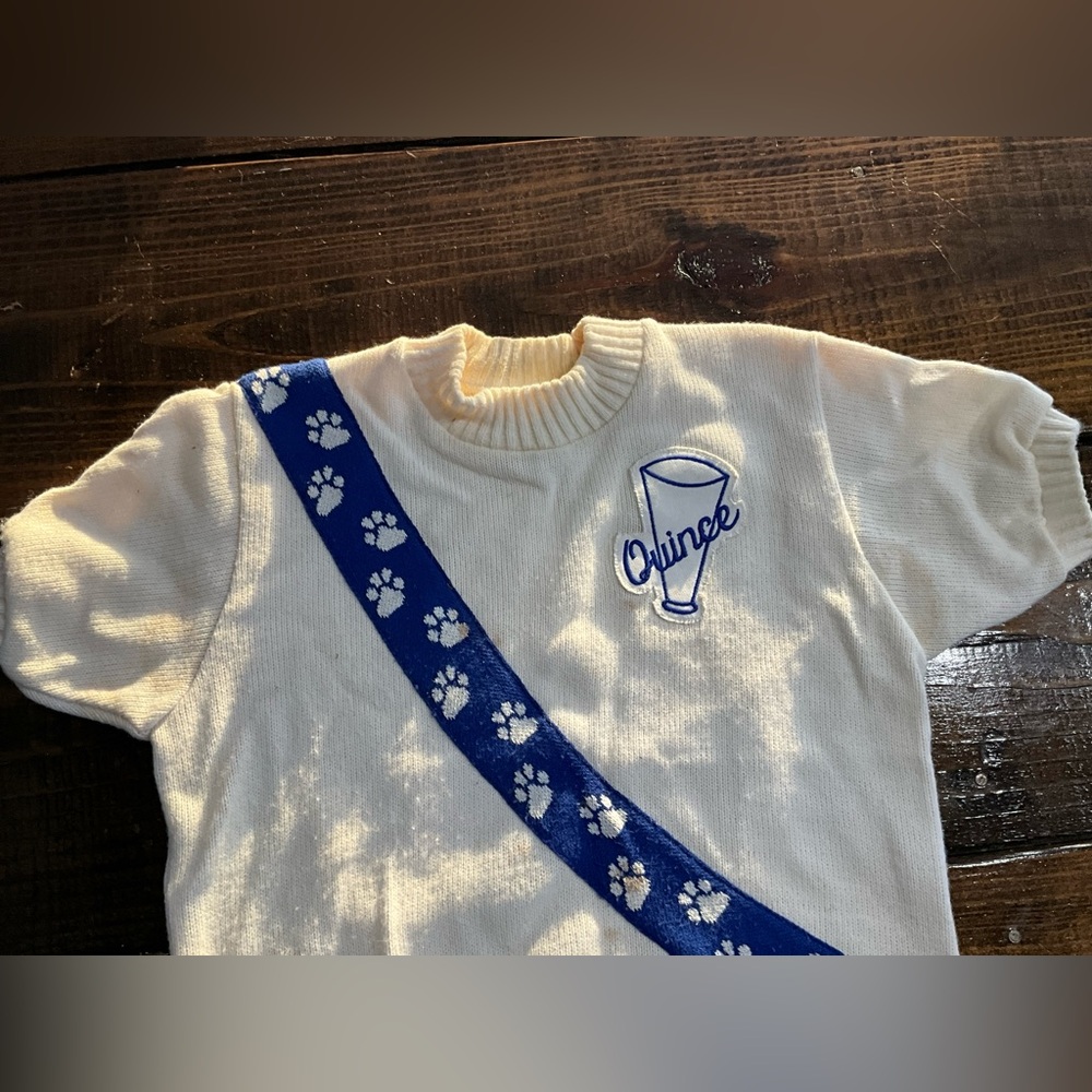 Vintage Cheerleader Sweater Short Sleeve White & Blue Paw Prints Quince